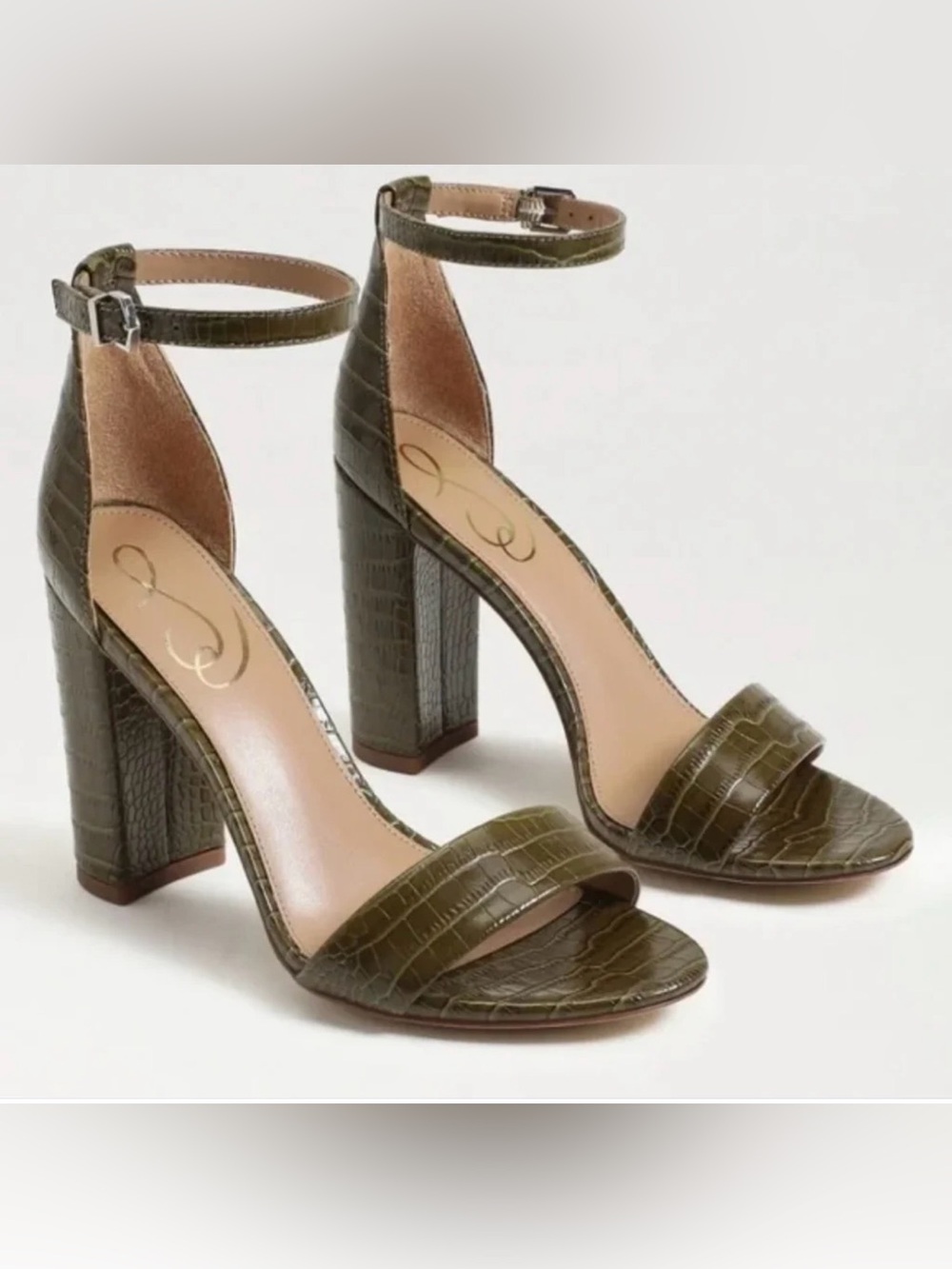Sam Edelman YOKO Olive Croc Embossed Ankle-Strap Block Heels